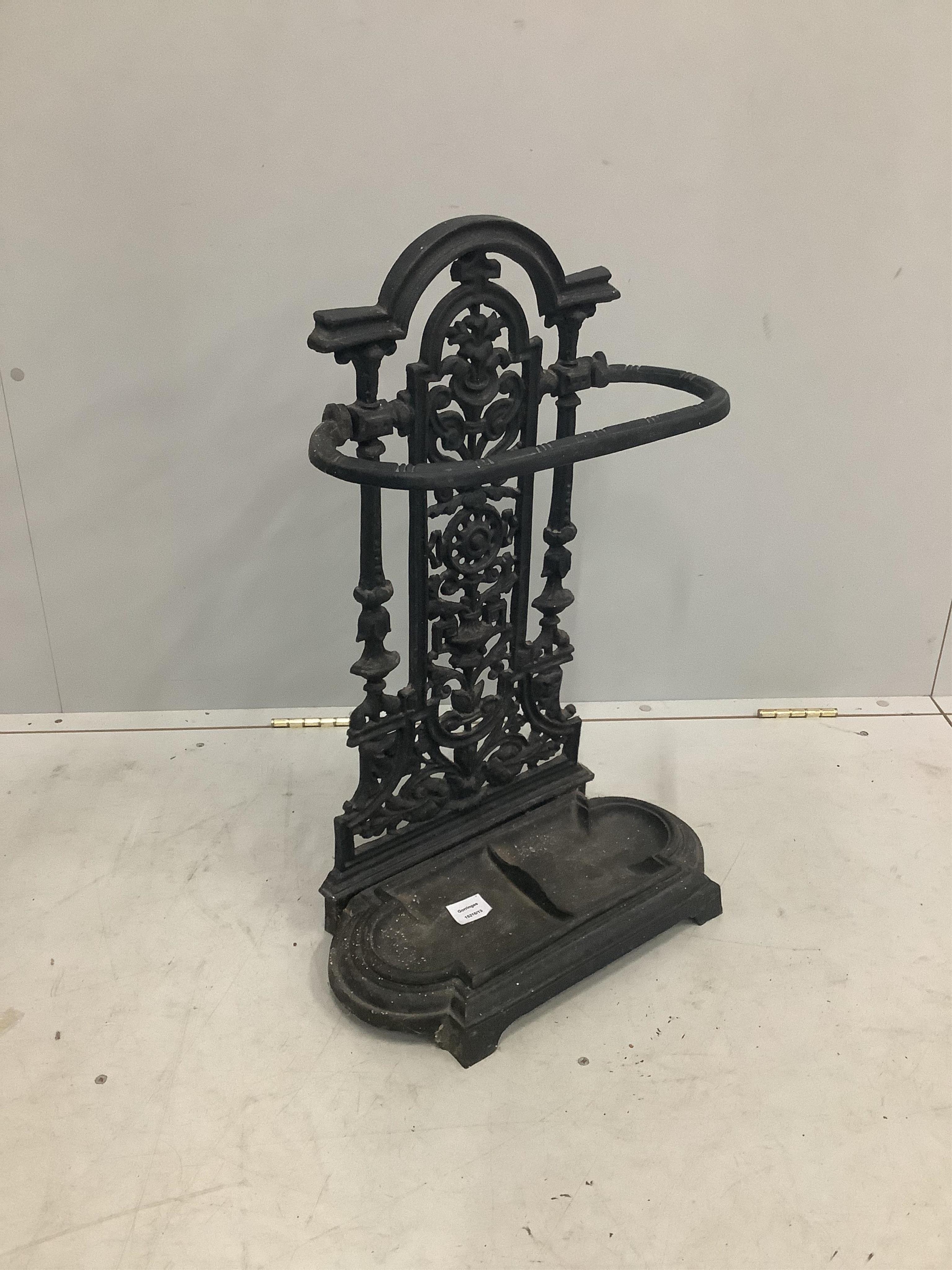 A Victorian Coalbrookdale style cast iron stick stand, width 45cm, height 70cm. Condition - fair